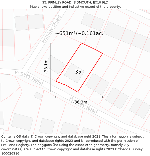 35, PRIMLEY ROAD, SIDMOUTH, EX10 9LD: Plot and title map