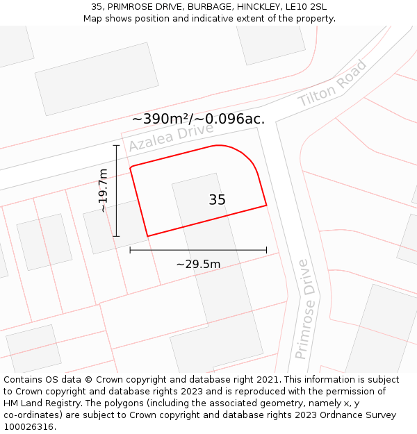 35, PRIMROSE DRIVE, BURBAGE, HINCKLEY, LE10 2SL: Plot and title map