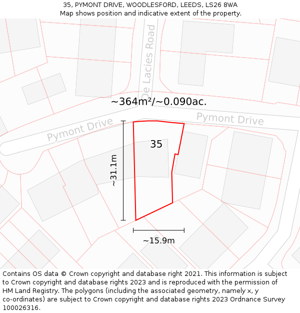 35, PYMONT DRIVE, WOODLESFORD, LEEDS, LS26 8WA: Plot and title map