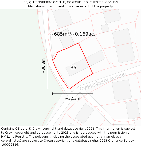 35, QUEENSBERRY AVENUE, COPFORD, COLCHESTER, CO6 1YS: Plot and title map