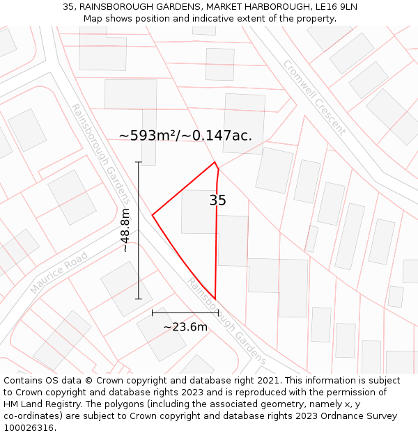 35, RAINSBOROUGH GARDENS, MARKET HARBOROUGH, LE16 9LN: Plot and title map