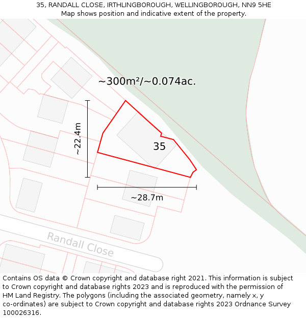 35, RANDALL CLOSE, IRTHLINGBOROUGH, WELLINGBOROUGH, NN9 5HE: Plot and title map