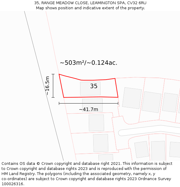 35, RANGE MEADOW CLOSE, LEAMINGTON SPA, CV32 6RU: Plot and title map