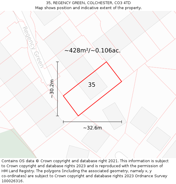 35, REGENCY GREEN, COLCHESTER, CO3 4TD: Plot and title map