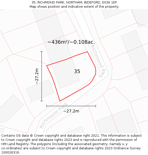 35, RICHMOND PARK, NORTHAM, BIDEFORD, EX39 1EP: Plot and title map