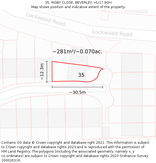 35, RIGBY CLOSE, BEVERLEY, HU17 9GH: Plot and title map