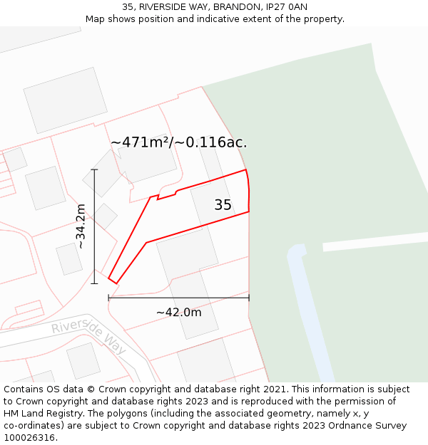 35, RIVERSIDE WAY, BRANDON, IP27 0AN: Plot and title map