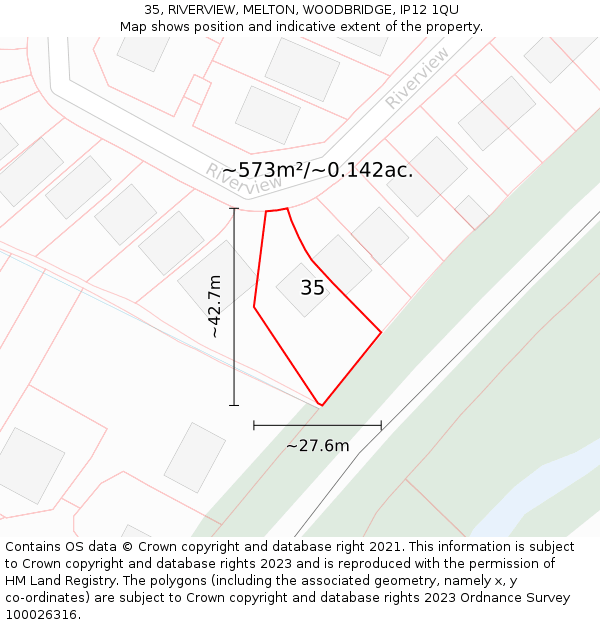 35, RIVERVIEW, MELTON, WOODBRIDGE, IP12 1QU: Plot and title map