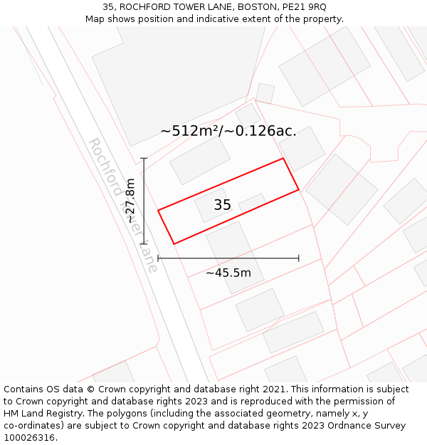 35, ROCHFORD TOWER LANE, BOSTON, PE21 9RQ: Plot and title map