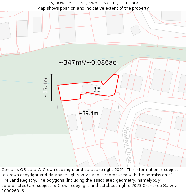 35, ROWLEY CLOSE, SWADLINCOTE, DE11 8LX: Plot and title map