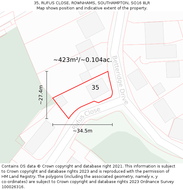 35, RUFUS CLOSE, ROWNHAMS, SOUTHAMPTON, SO16 8LR: Plot and title map