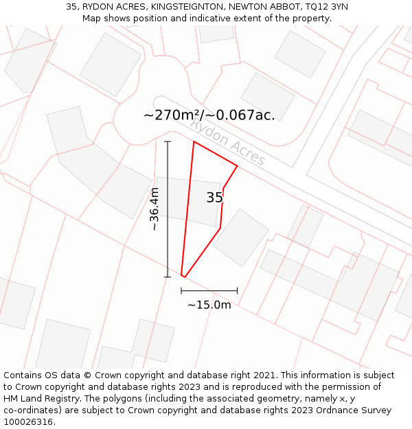 35, RYDON ACRES, KINGSTEIGNTON, NEWTON ABBOT, TQ12 3YN: Plot and title map