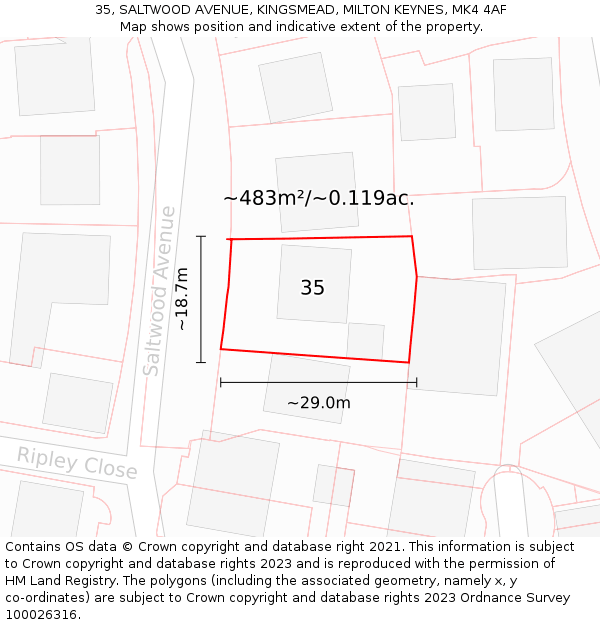 35, SALTWOOD AVENUE, KINGSMEAD, MILTON KEYNES, MK4 4AF: Plot and title map