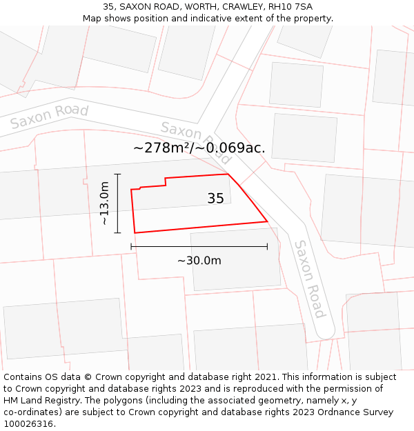 35, SAXON ROAD, WORTH, CRAWLEY, RH10 7SA: Plot and title map