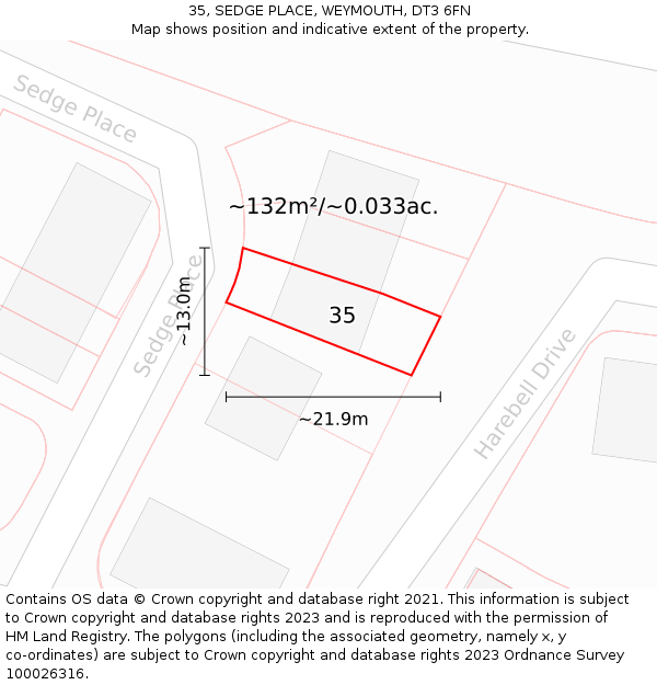 35, SEDGE PLACE, WEYMOUTH, DT3 6FN: Plot and title map