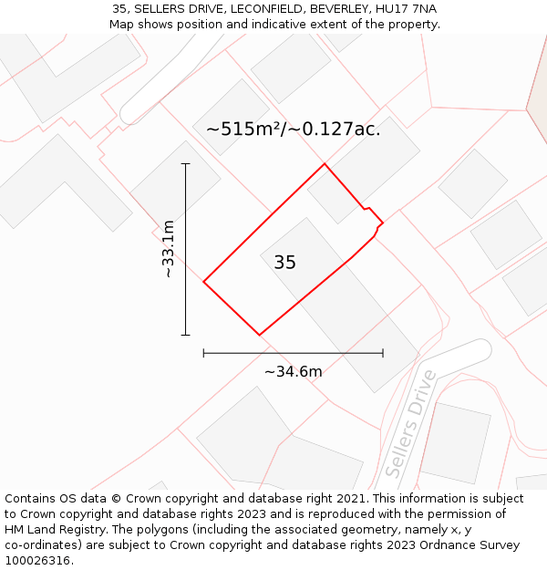 35, SELLERS DRIVE, LECONFIELD, BEVERLEY, HU17 7NA: Plot and title map