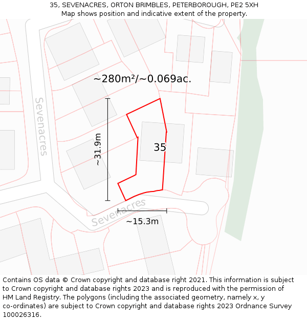 35, SEVENACRES, ORTON BRIMBLES, PETERBOROUGH, PE2 5XH: Plot and title map