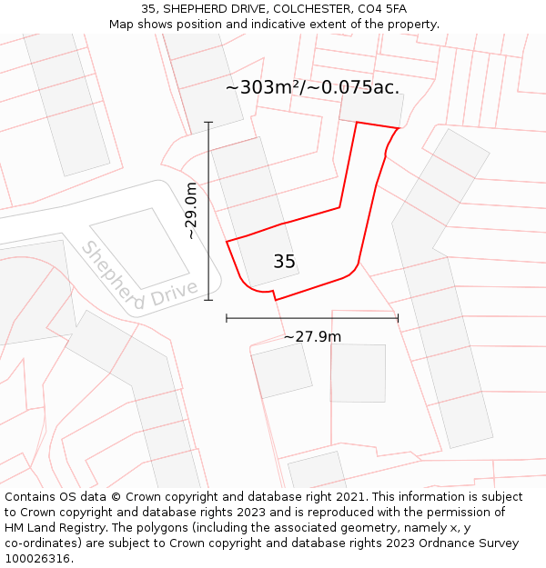 35, SHEPHERD DRIVE, COLCHESTER, CO4 5FA: Plot and title map