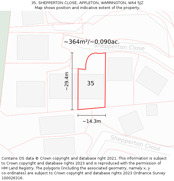 35, SHEPPERTON CLOSE, APPLETON, WARRINGTON, WA4 5JZ: Plot and title map