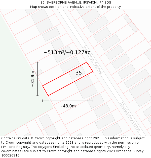 35, SHERBORNE AVENUE, IPSWICH, IP4 3DS: Plot and title map