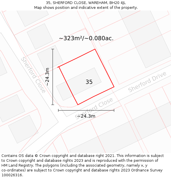 35, SHERFORD CLOSE, WAREHAM, BH20 4JL: Plot and title map