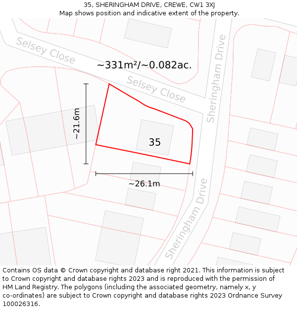 35, SHERINGHAM DRIVE, CREWE, CW1 3XJ: Plot and title map