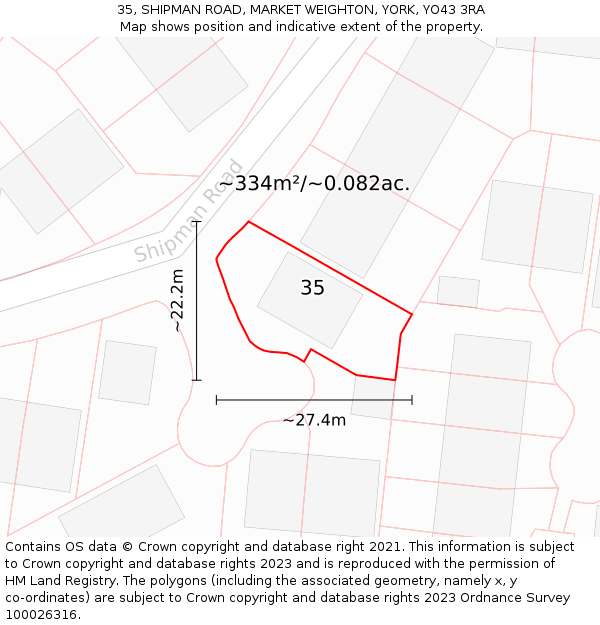 35, SHIPMAN ROAD, MARKET WEIGHTON, YORK, YO43 3RA: Plot and title map
