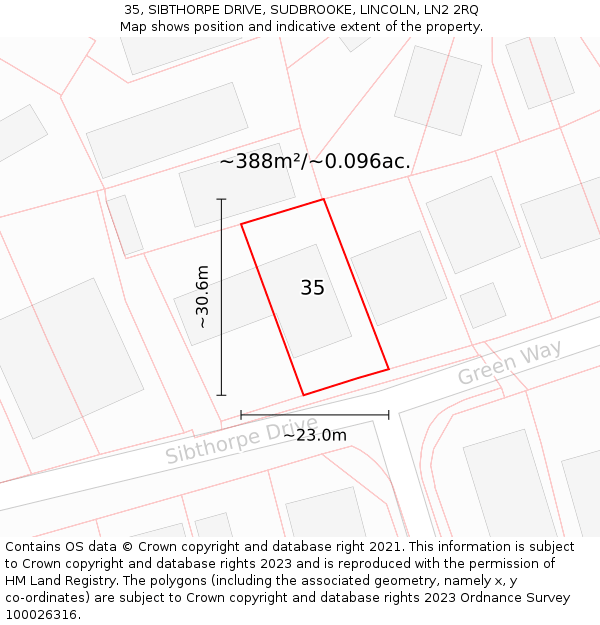 35, SIBTHORPE DRIVE, SUDBROOKE, LINCOLN, LN2 2RQ: Plot and title map