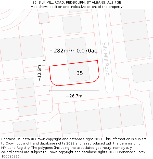 35, SILK MILL ROAD, REDBOURN, ST ALBANS, AL3 7GE: Plot and title map
