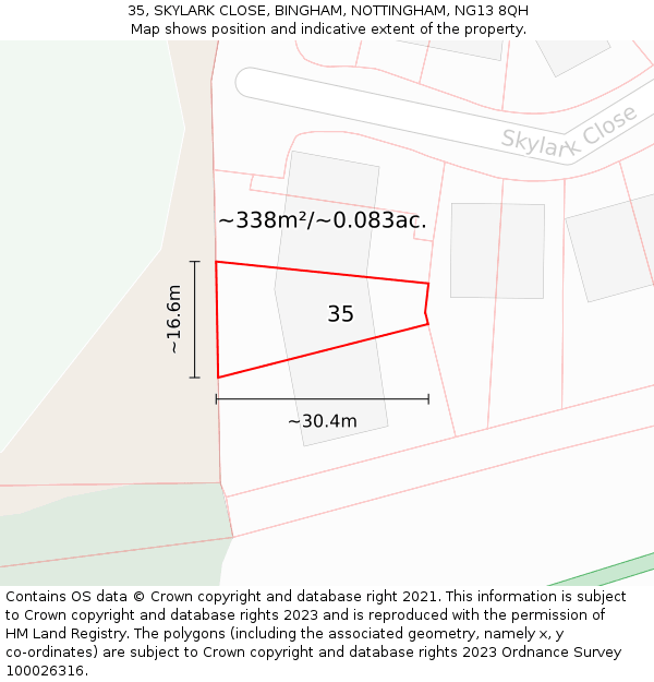 35, SKYLARK CLOSE, BINGHAM, NOTTINGHAM, NG13 8QH: Plot and title map