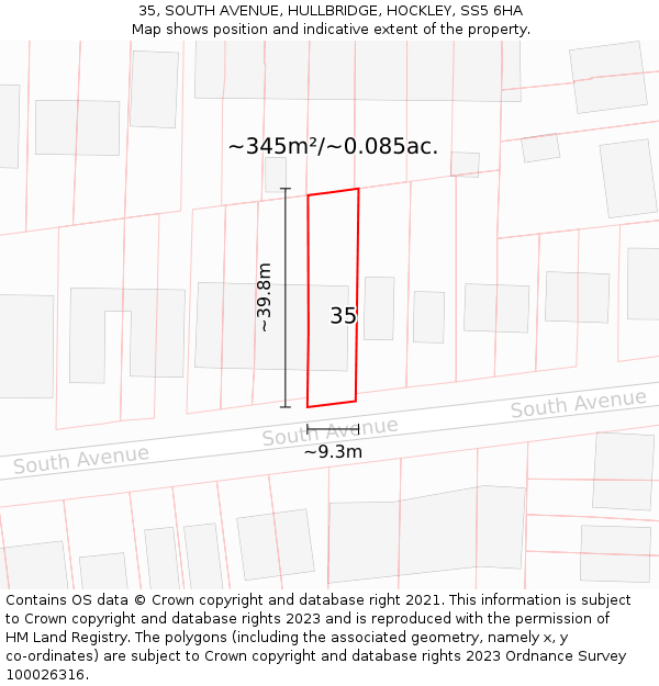 35, SOUTH AVENUE, HULLBRIDGE, HOCKLEY, SS5 6HA: Plot and title map