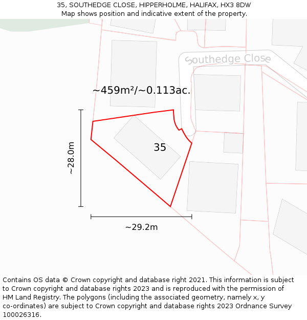 35, SOUTHEDGE CLOSE, HIPPERHOLME, HALIFAX, HX3 8DW: Plot and title map