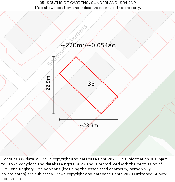 35, SOUTHSIDE GARDENS, SUNDERLAND, SR4 0NP: Plot and title map