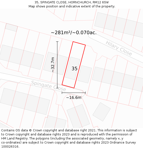 35, SPINGATE CLOSE, HORNCHURCH, RM12 6SW: Plot and title map