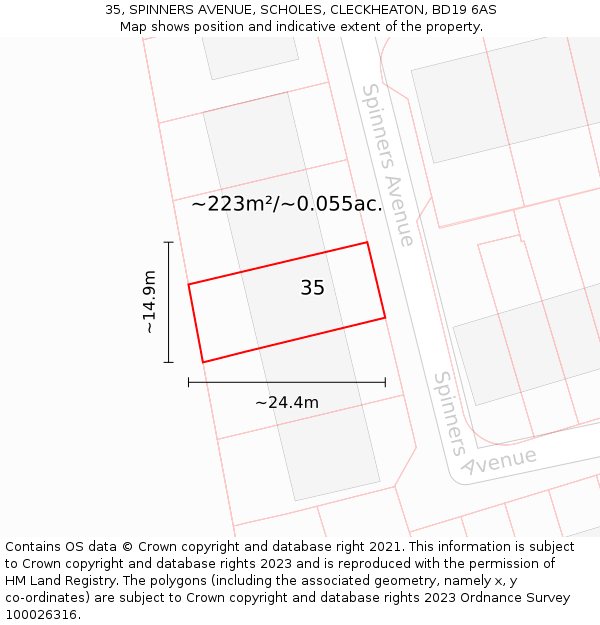 35, SPINNERS AVENUE, SCHOLES, CLECKHEATON, BD19 6AS: Plot and title map