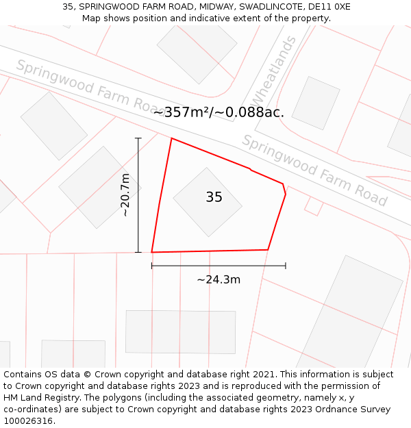 35, SPRINGWOOD FARM ROAD, MIDWAY, SWADLINCOTE, DE11 0XE: Plot and title map