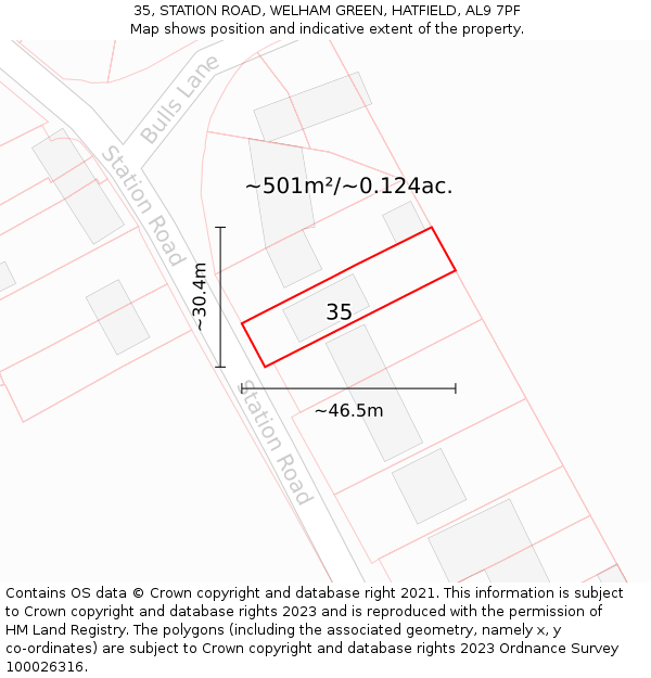 35, STATION ROAD, WELHAM GREEN, HATFIELD, AL9 7PF: Plot and title map