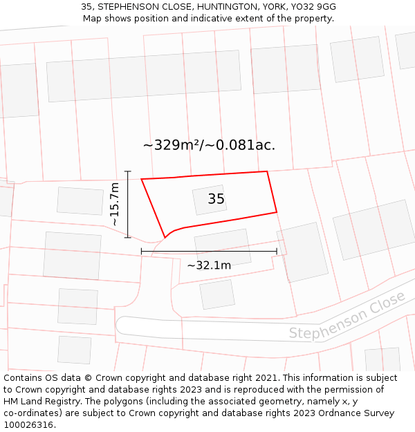 35, STEPHENSON CLOSE, HUNTINGTON, YORK, YO32 9GG: Plot and title map