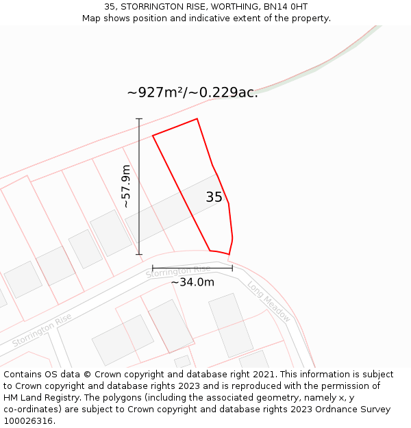 35, STORRINGTON RISE, WORTHING, BN14 0HT: Plot and title map