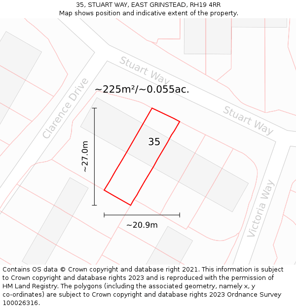 35, STUART WAY, EAST GRINSTEAD, RH19 4RR: Plot and title map