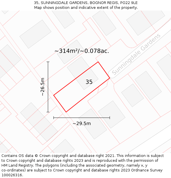 35, SUNNINGDALE GARDENS, BOGNOR REGIS, PO22 9LE: Plot and title map