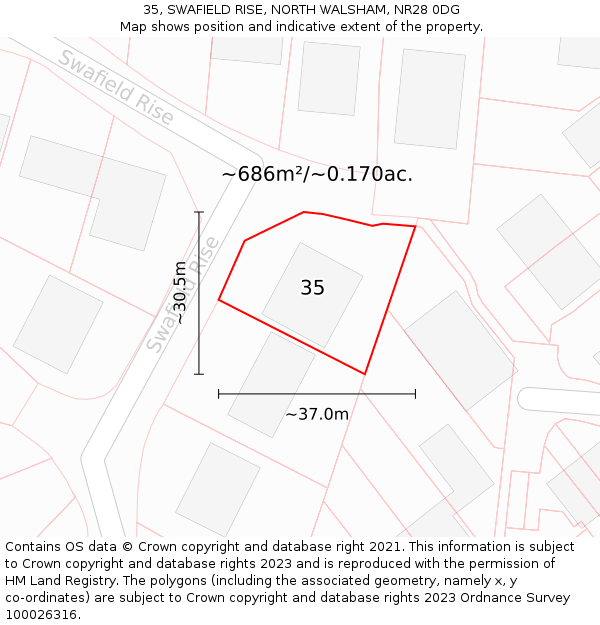35, SWAFIELD RISE, NORTH WALSHAM, NR28 0DG: Plot and title map