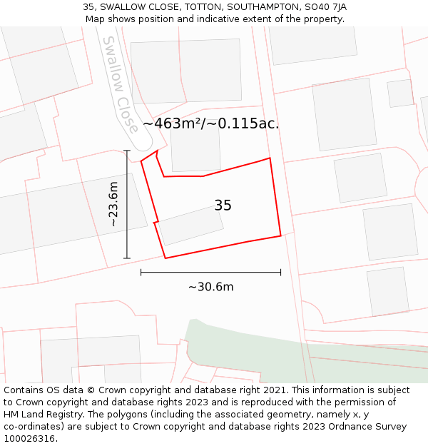 35, SWALLOW CLOSE, TOTTON, SOUTHAMPTON, SO40 7JA: Plot and title map