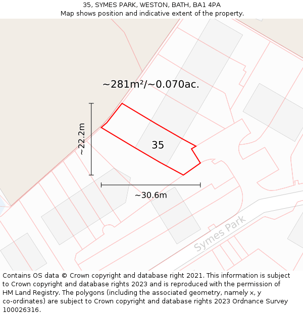 35, SYMES PARK, WESTON, BATH, BA1 4PA: Plot and title map