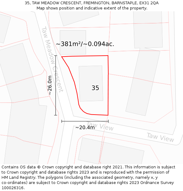35, TAW MEADOW CRESCENT, FREMINGTON, BARNSTAPLE, EX31 2QA: Plot and title map