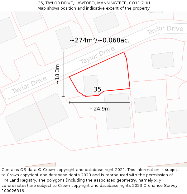 35, TAYLOR DRIVE, LAWFORD, MANNINGTREE, CO11 2HU: Plot and title map
