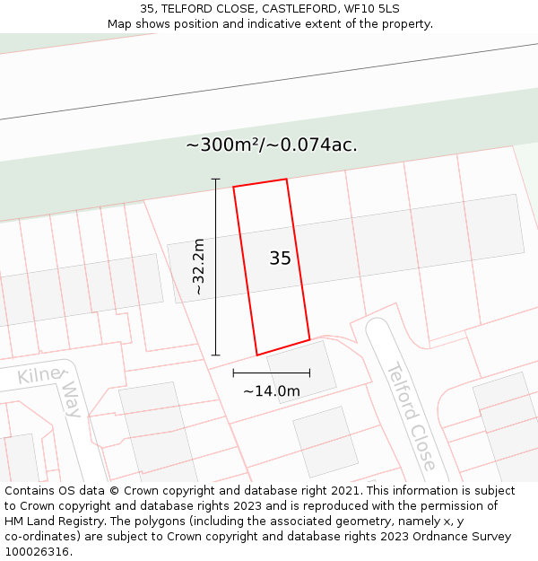 35, TELFORD CLOSE, CASTLEFORD, WF10 5LS: Plot and title map