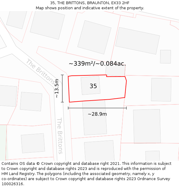 35, THE BRITTONS, BRAUNTON, EX33 2HF: Plot and title map