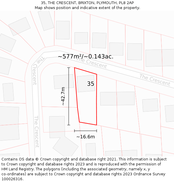 35, THE CRESCENT, BRIXTON, PLYMOUTH, PL8 2AP: Plot and title map