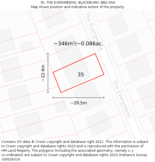 35, THE EVERGREENS, BLACKBURN, BB2 5AA: Plot and title map